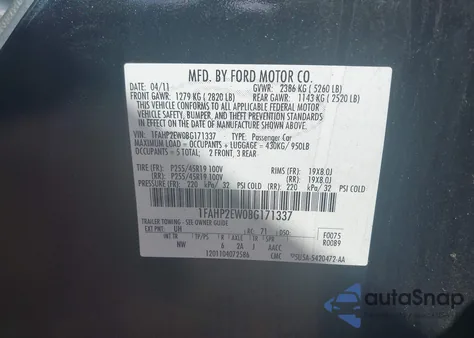 2011 Ford Taurus Sel из США, поврежденный, VIN 1FAHP2EW0BG171337